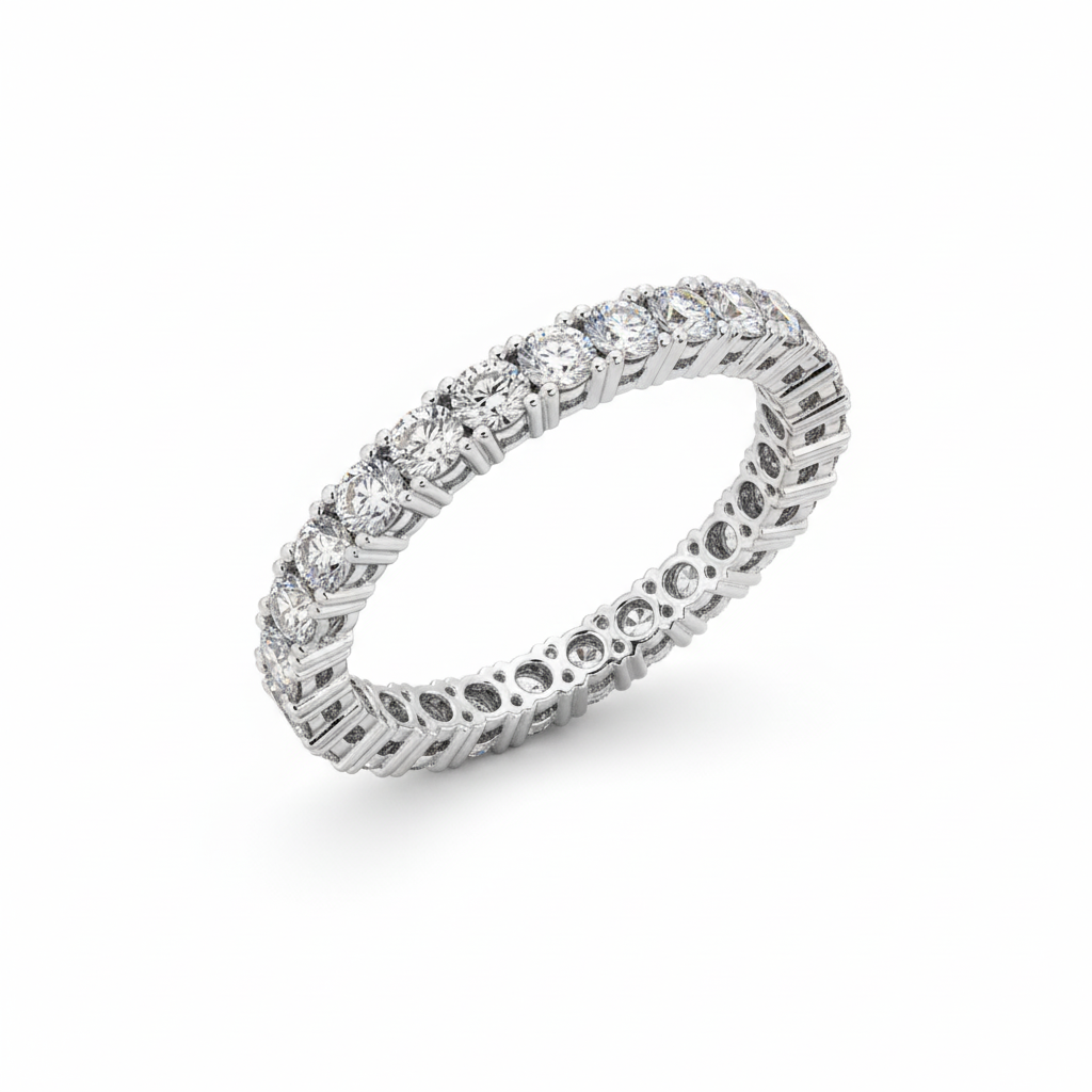 Round Cut Full Eternity Moissanite Wedding Ring, Continuous Bar-Setting
