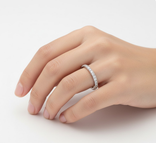 Round Cut Full Eternity Moissanite Wedding Ring, Micro Pave Setting