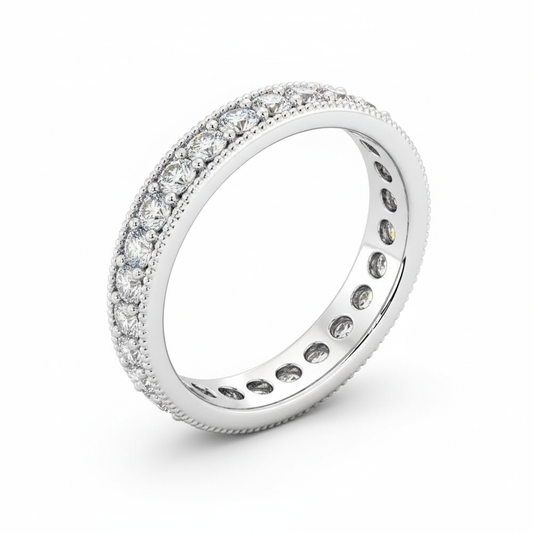 Round Cut Full Eternity Moissanite Wedding Ring, Migrain Edge