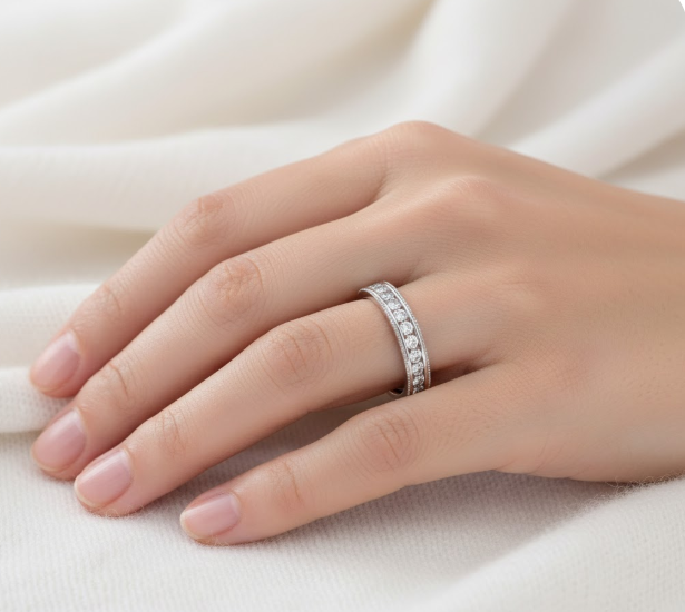 Round Cut Full Eternity Moissanite Wedding Ring, Milgrain Edge