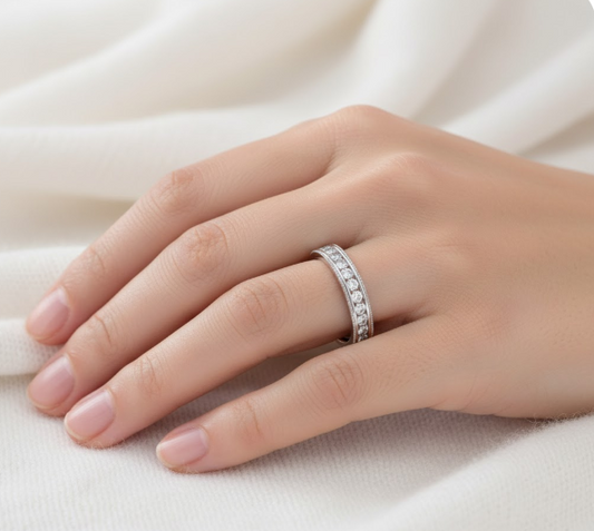 Round Cut Full Eternity Moissanite Wedding Ring, Milgrain Edge