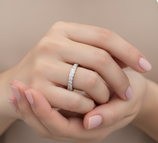 Round Cut Full Eternity Moissanite Wedding Ring, Rub Over Setting