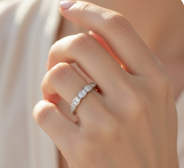 Round Cut Full Eternity Moissanite Wedding Ring, Semi-Bezel Setting