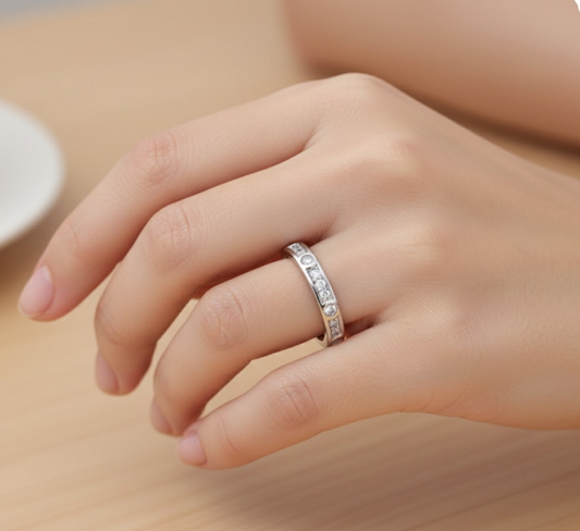 Round Cut Full Eternity Moissanite Wedding Ring, Vintage Design