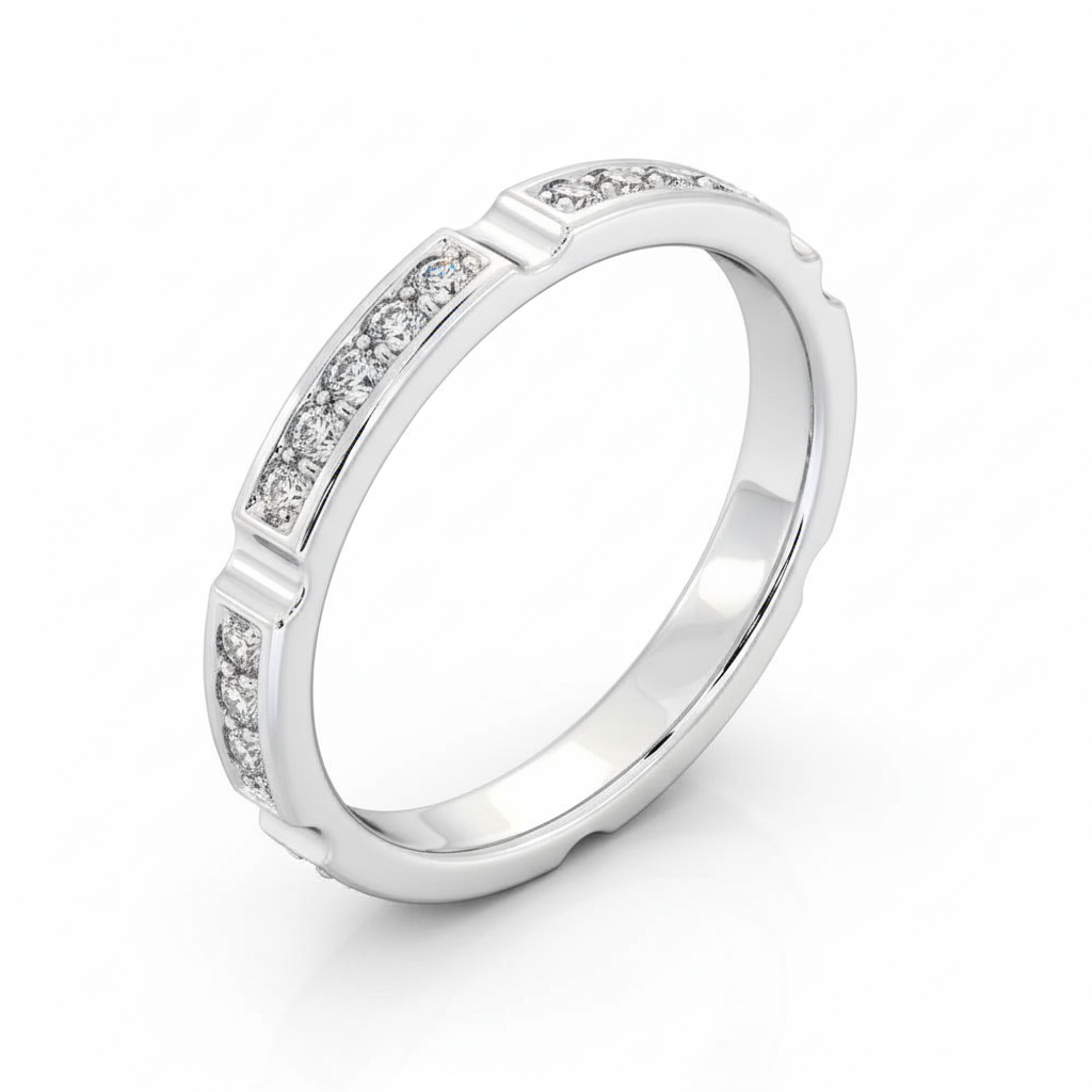 Round Cut Full Eternity Moissanite Wedding Ring, Bar-Channel Setting