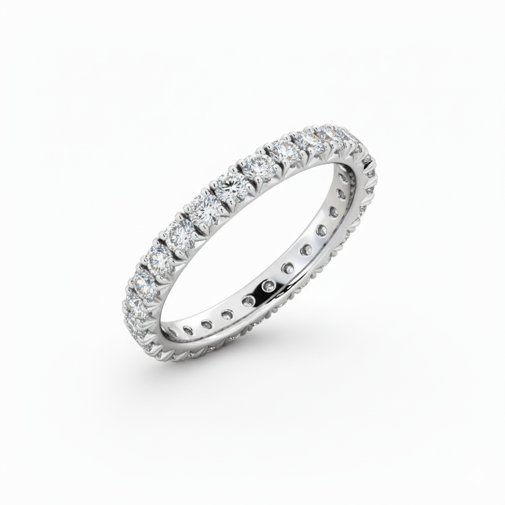 Round Cut Full Eternity Moissanite Wedding Ring, Claw Setting