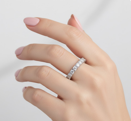 Round Cut Full Eternity Moissanite Wedding Ring, Continuous Bar-Setting