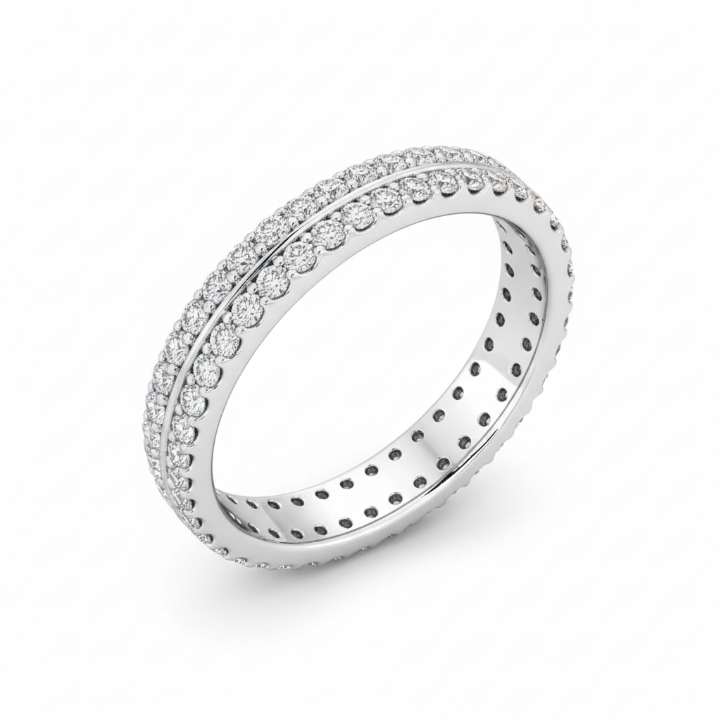 Round Cut Full Eternity Moissanite Wedding Ring, Continuous Double Row