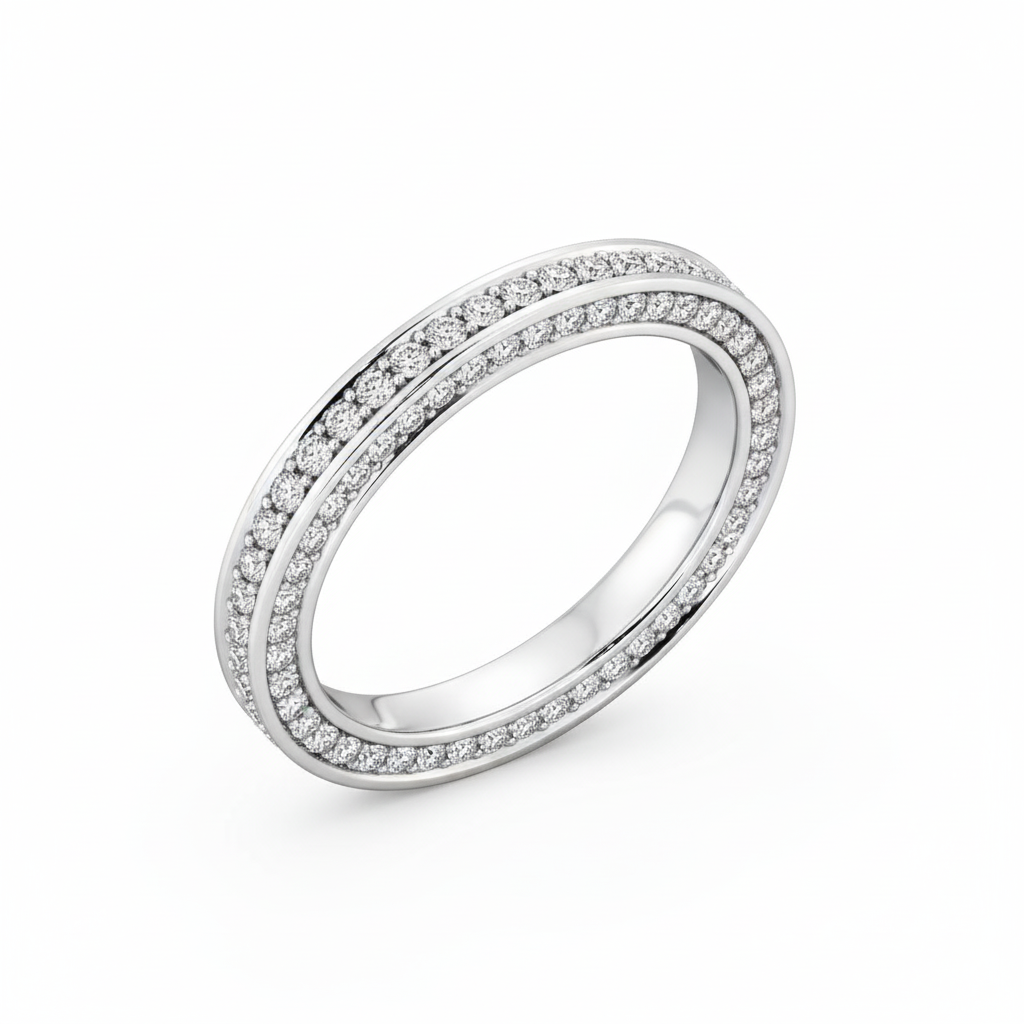Round Cut Full Eternity Moissanite Wedding Ring, Double-Row Pave Setting