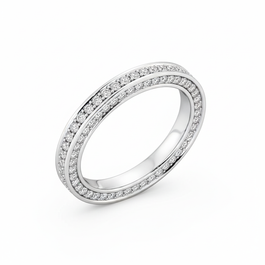 Round Cut Full Eternity Moissanite Wedding Ring, Double-Row Pave Setting