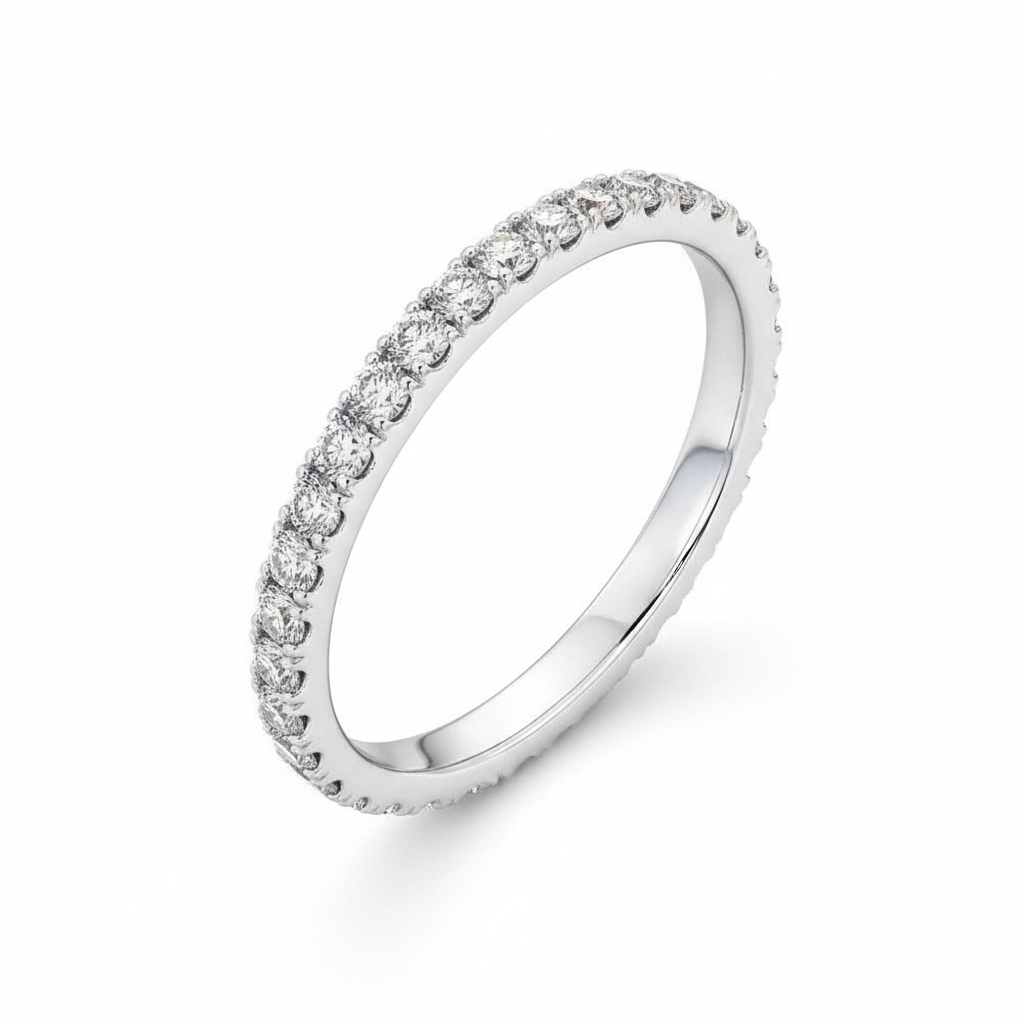 Round Cut Full Eternity Moissanite Wedding Ring, Micro Pave Setting