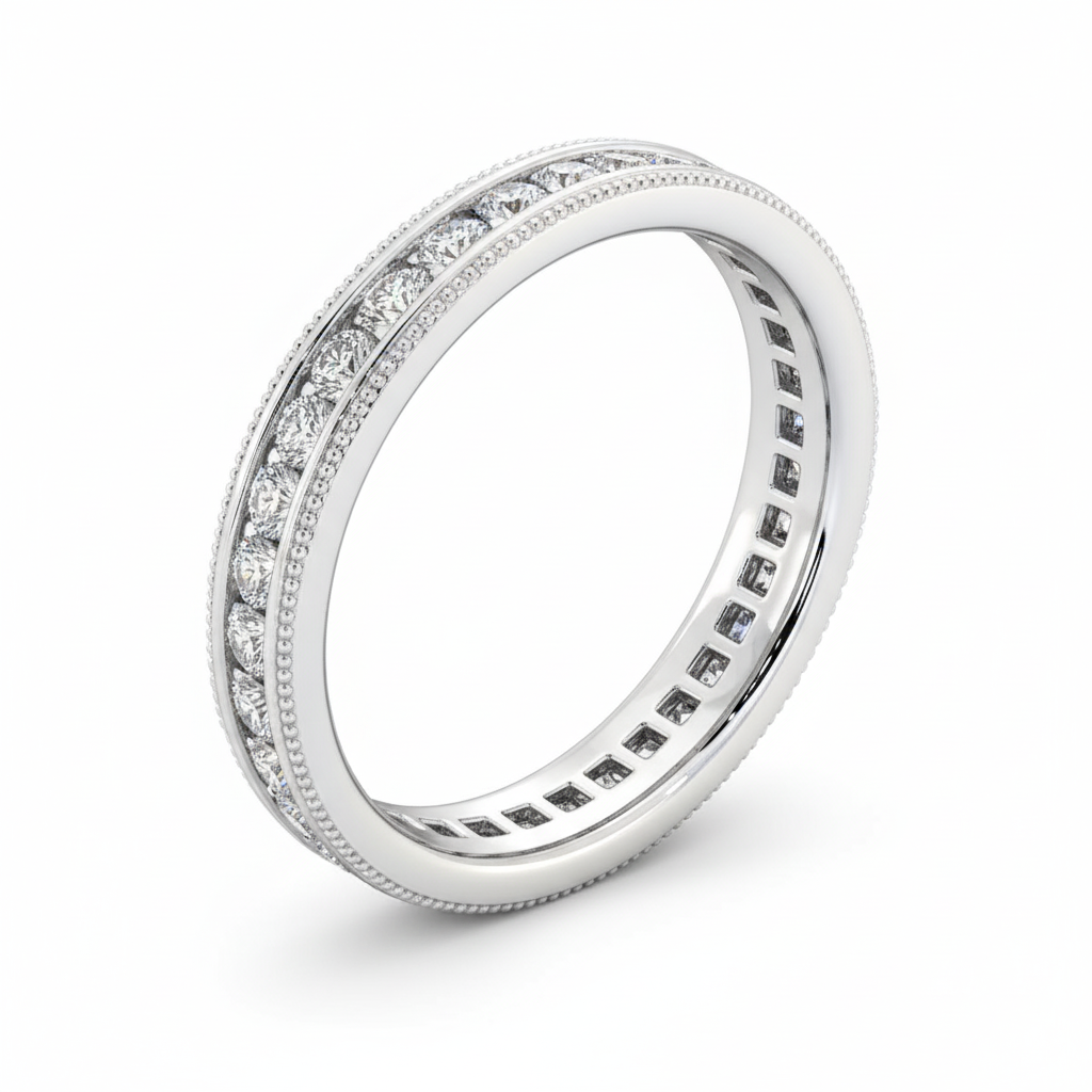 Round Cut Full Eternity Moissanite Wedding Ring, Milgrain Edge