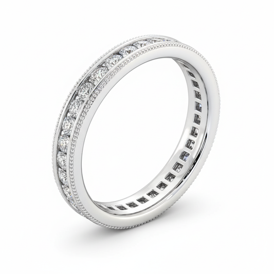 Round Cut Full Eternity Moissanite Wedding Ring, Milgrain Edge