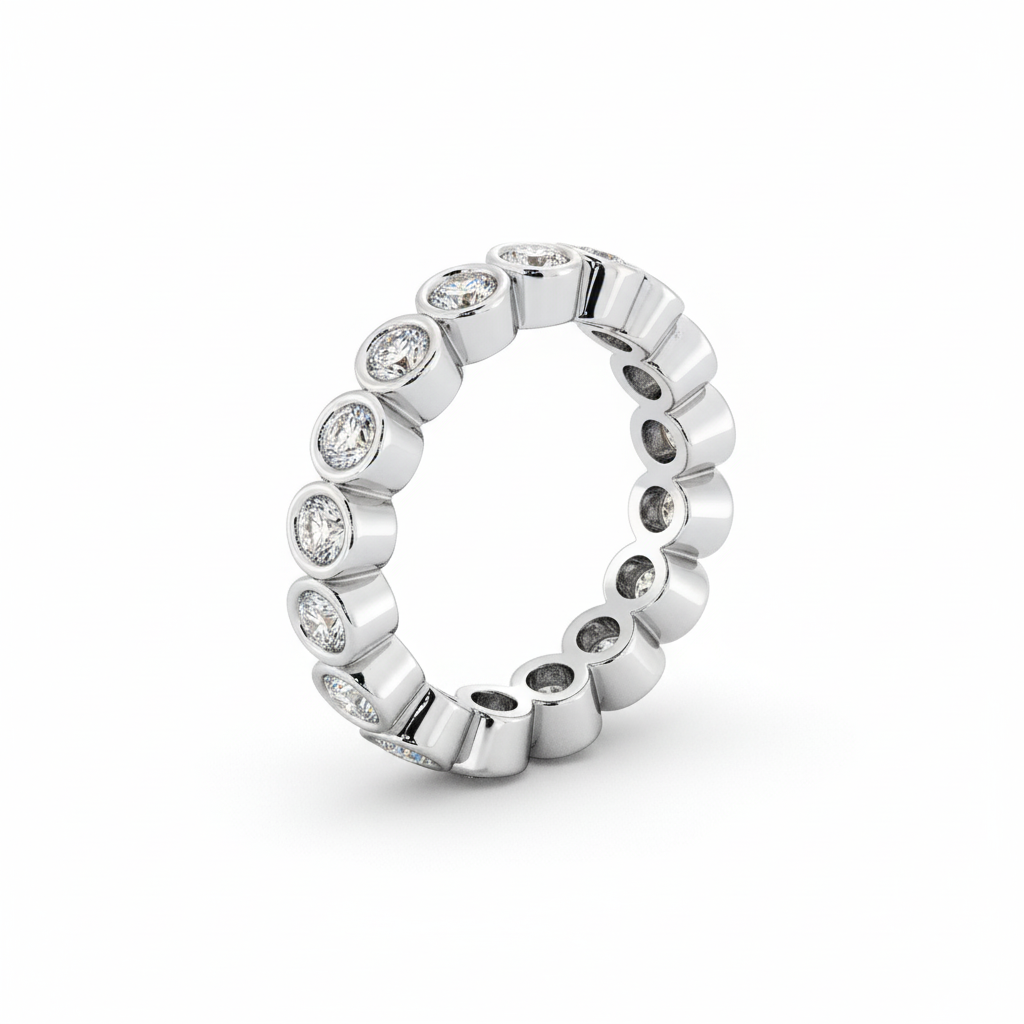 Round Cut Full Eternity Moissanite Wedding Ring, Simple Rub-Over Setting