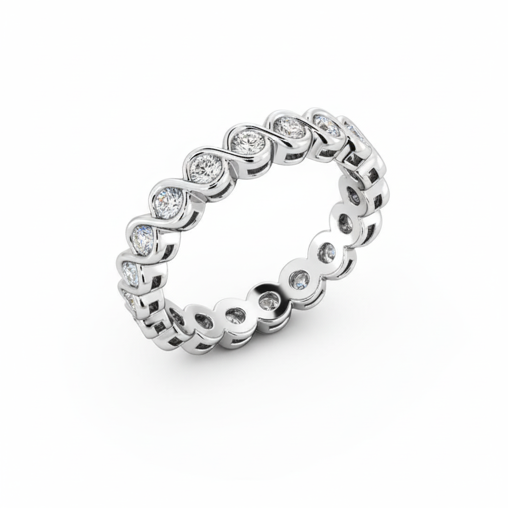Round Cut Full Eternity Moissanite Wedding Ring, Twisted Rub-Over Setting