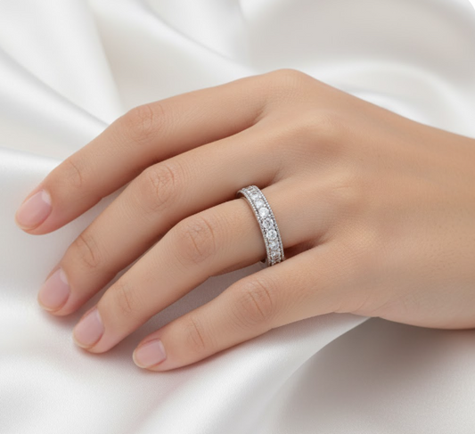 Round Cut Full Eternity Moissanite Wedding Ring, Migrain Edge