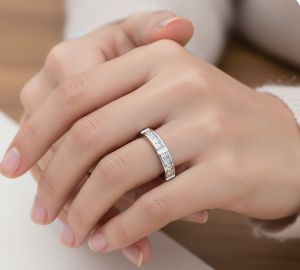 Round Cut Half Eternity Moissanite Wedding Band, Channel-Set Modern Design