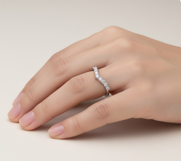 Round Cut Half Eternity Moissanite Wedding Ring, Bended Shaped Design