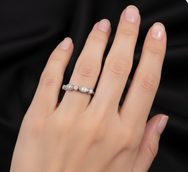 Round Cut Half Eternity Moissanite Wedding Ring, Bezel Setting