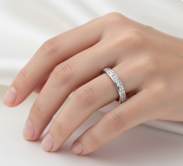 Round Cut Half Eternity Moissanite Wedding Ring, Channel-Set Vintage Design