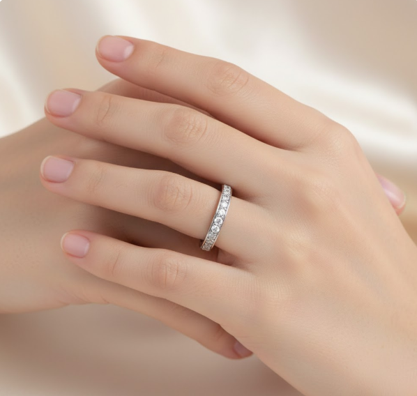 Round Cut Half Eternity Moissanite Wedding Ring, Classic Embed Design