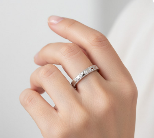 Round Cut Half Eternity Moissanite Wedding Ring, Classic Milgrain Edge