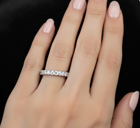 Round Cut Half Eternity Moissanite Wedding Ring, Embedded Stones Setting