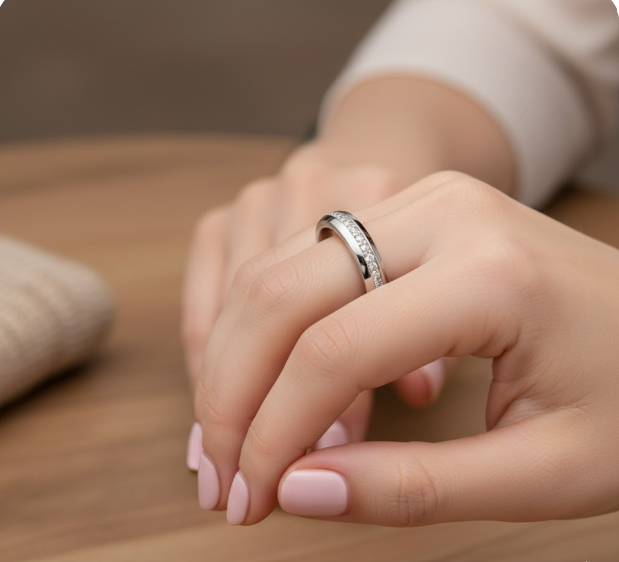 Round Cut Half Eternity Moissanite Wedding Ring, Offset Stones Channel Setting