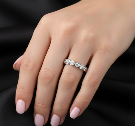 Round Cut Half Eternity Moissanite Wedding Ring, Rub-Over Bezel Setting