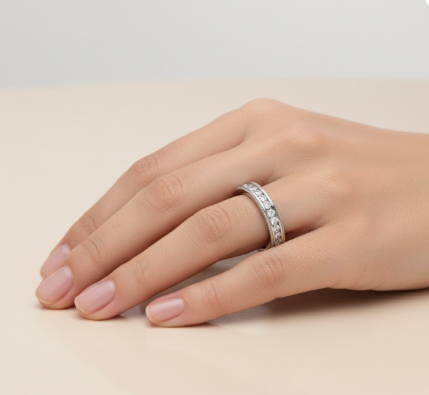 Round Cut Half Eternity Moissanite Wedding Ring, Rub-over Migrain Edge Setting