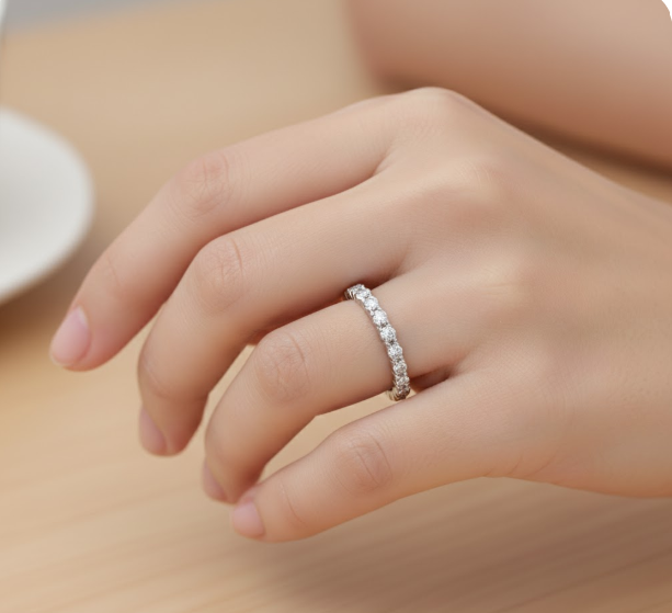 Round Cut Half Eternity Moissanite Wedding Ring, Vintage Design