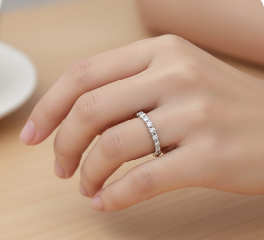 Round Cut Half Eternity Moissanite Wedding Ring, Vintage Design