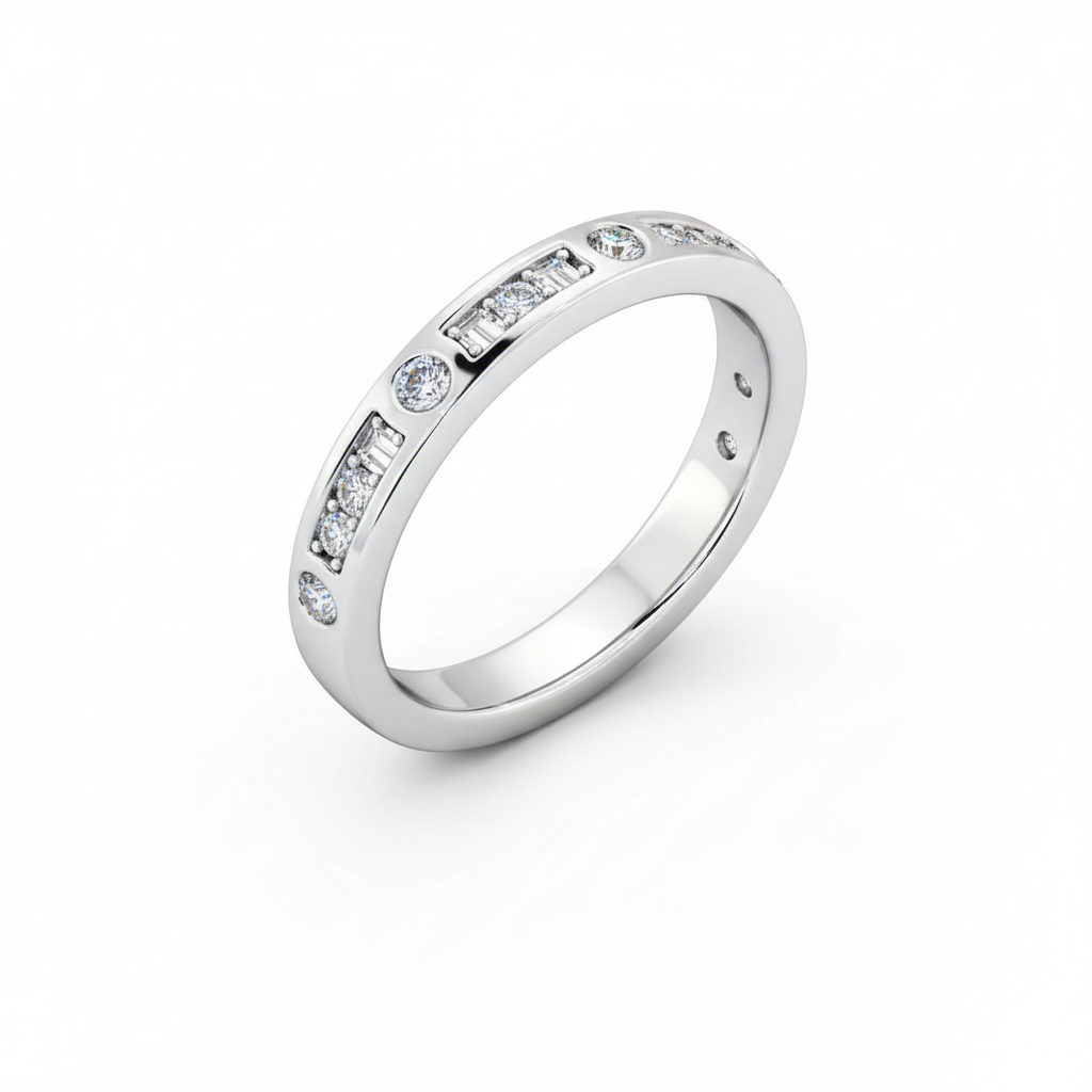 Round Cut Half Eternity Moissanite Wedding Ring, Channel-Set Vintage Design