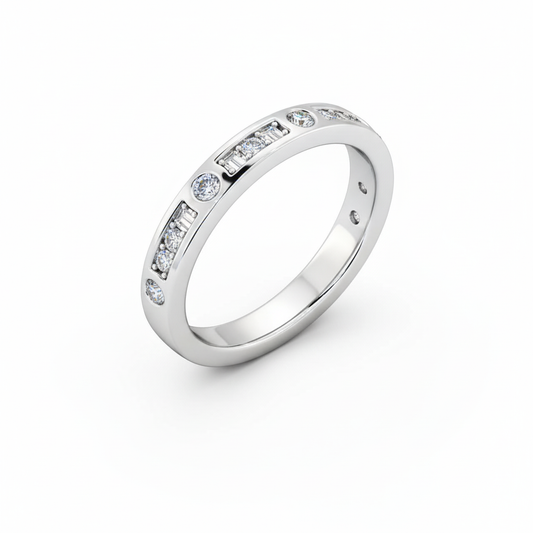 Round Cut Half Eternity Moissanite Wedding Ring, Channel-Set Vintage Design