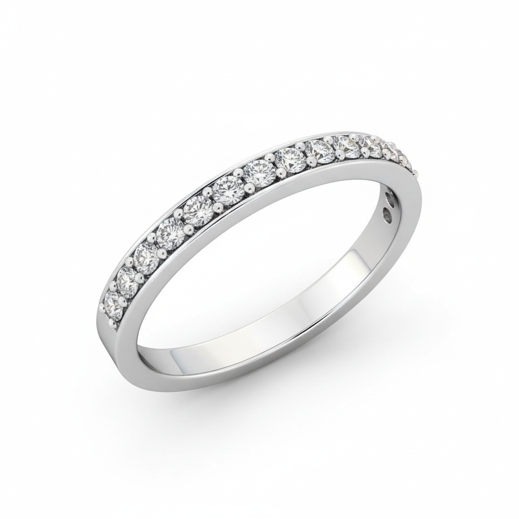 Round Cut Half Eternity Moissanite Wedding Ring, Classic Embed Design