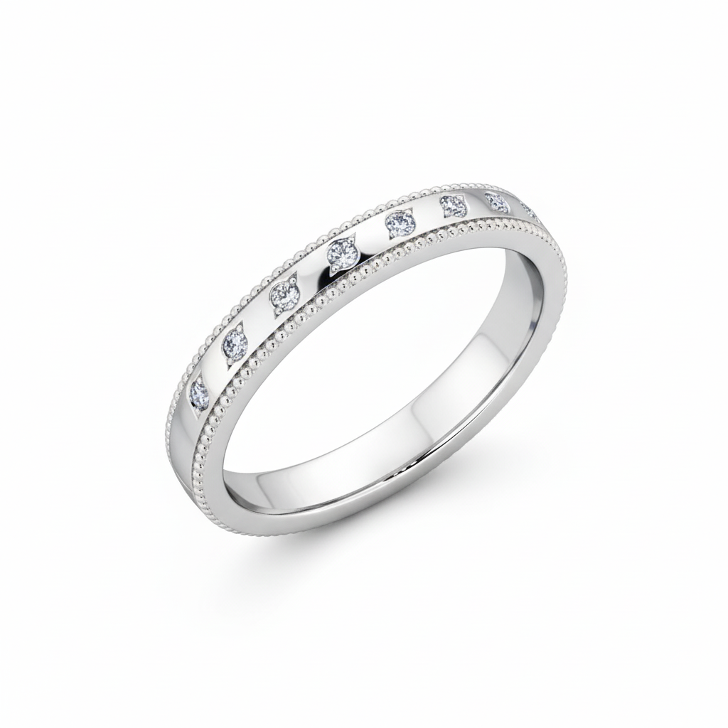 Round Cut Half Eternity Moissanite Wedding Ring, Classic Milgrain Edge