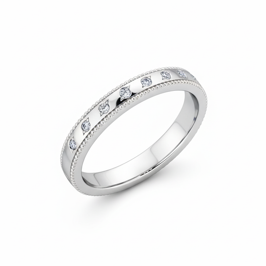 Round Cut Half Eternity Moissanite Wedding Ring, Classic Milgrain Edge