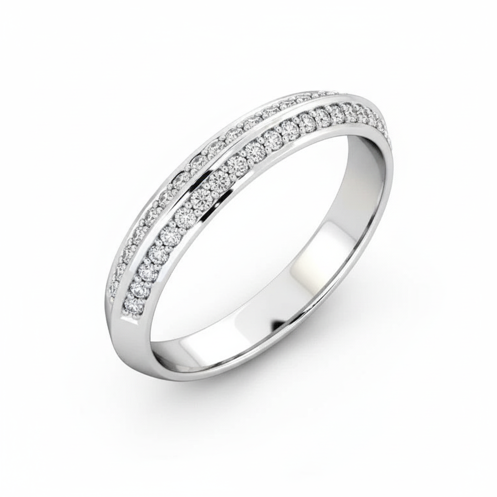 Round Cut Half Eternity Moissanite Wedding Ring, Double Edged Pave Setting