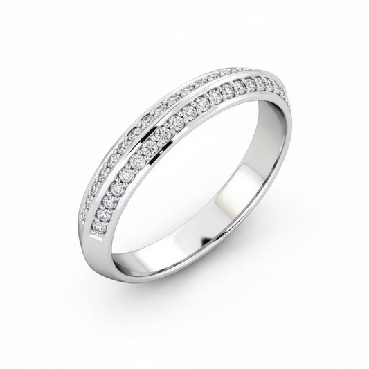 Round Cut Half Eternity Moissanite Wedding Ring, Double Edged Pave Setting
