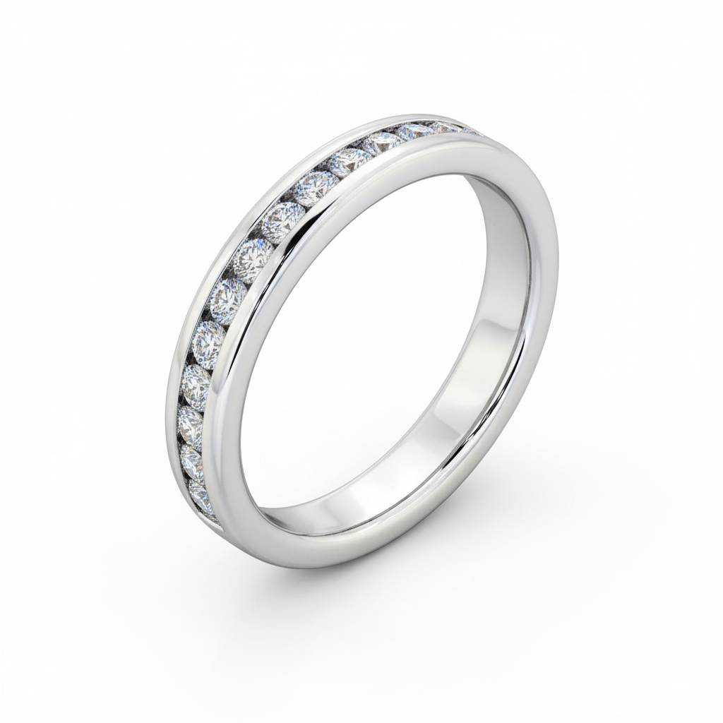 Round Cut Half Eternity Moissanite Wedding Ring, Embedded Stones Setting