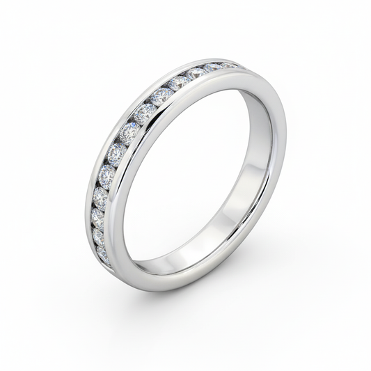 Round Cut Half Eternity Moissanite Wedding Ring, Embedded Stones Setting
