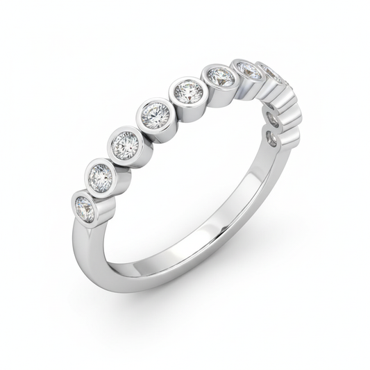 Round Cut Half Eternity Moissanite Wedding Ring, Rub-Over Bezel Setting