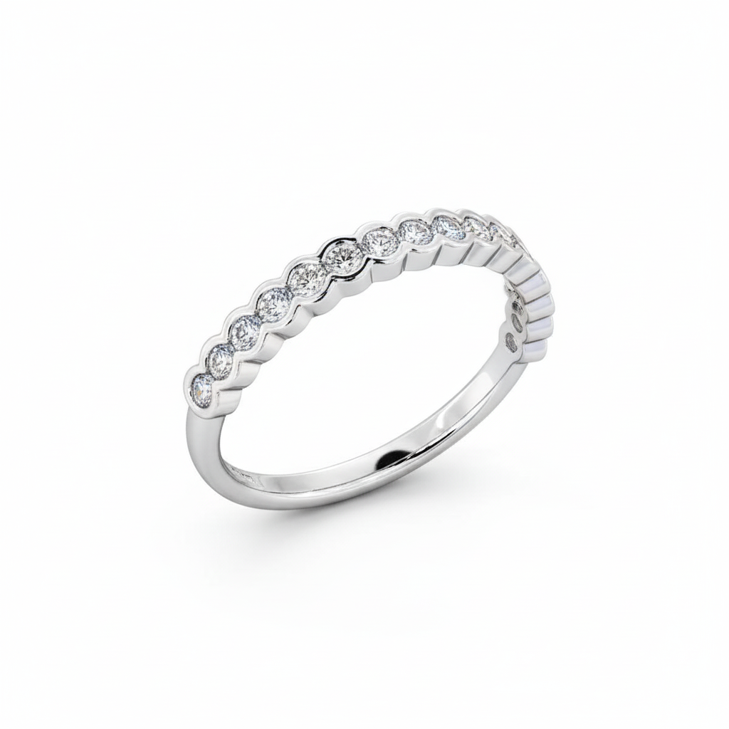 Round Cut Half Eternity Moissanite Wedding Ring, Rub-Over Continuous Bezel
