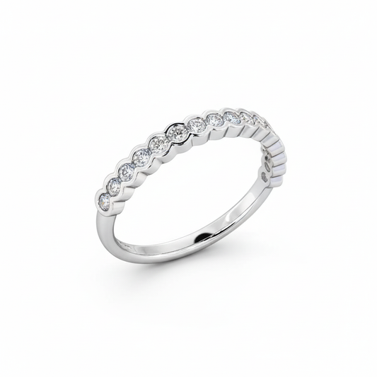 Round Cut Half Eternity Moissanite Wedding Ring, Rub-Over Continuous Bezel