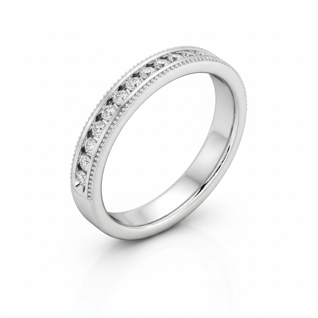 Round Cut Half Eternity Moissanite Wedding Ring, Rub-over Migrain Edge Setting