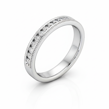 Round Cut Half Eternity Moissanite Wedding Ring, Rub-over Migrain Edge Setting
