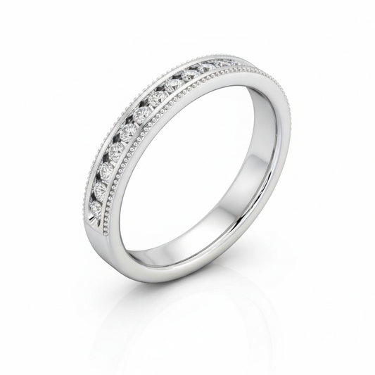 Round Cut Half Eternity Moissanite Wedding Ring, Rub-over Migrain Edge Setting