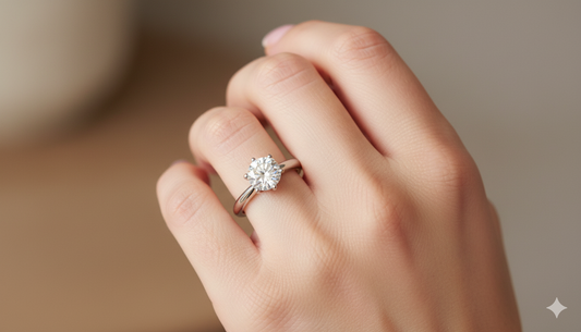 Round Cut Moissanite Engagement Ring, Classic Six Claw Halo Style Design