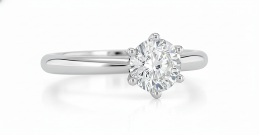 Round Cut Moissanite Engagement Ring, Classic Six Claw Halo Style Design