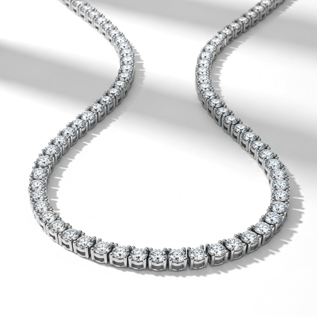 Round Cut Moissanite Tennis Chain Necklace, 4 Prong Setting